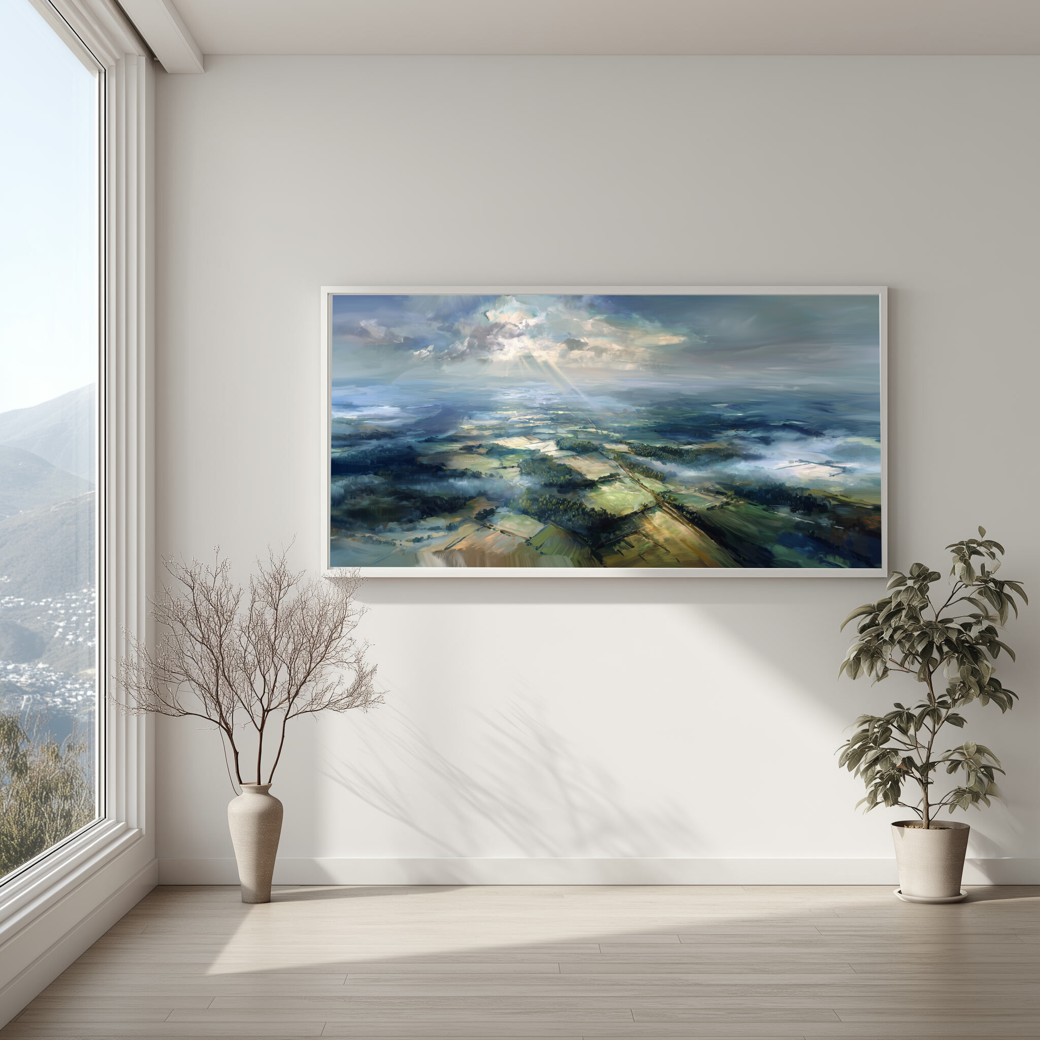Sussex Aerial View Blue Tones Living Room Wall Art | Modern Landscape Home Decor -