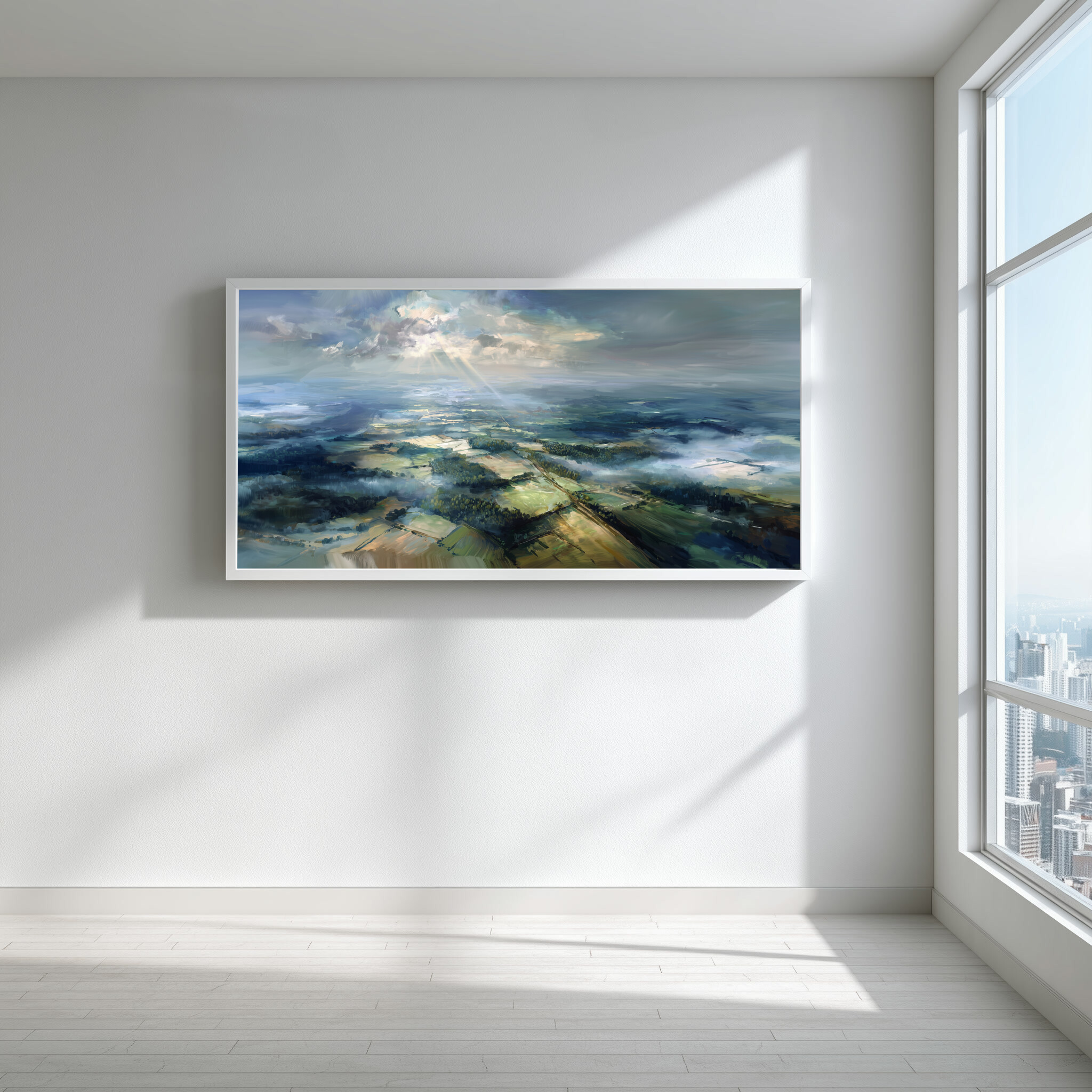 Sussex Aerial View Blue Tones Living Room Wall Art | Modern Landscape Home Decor -