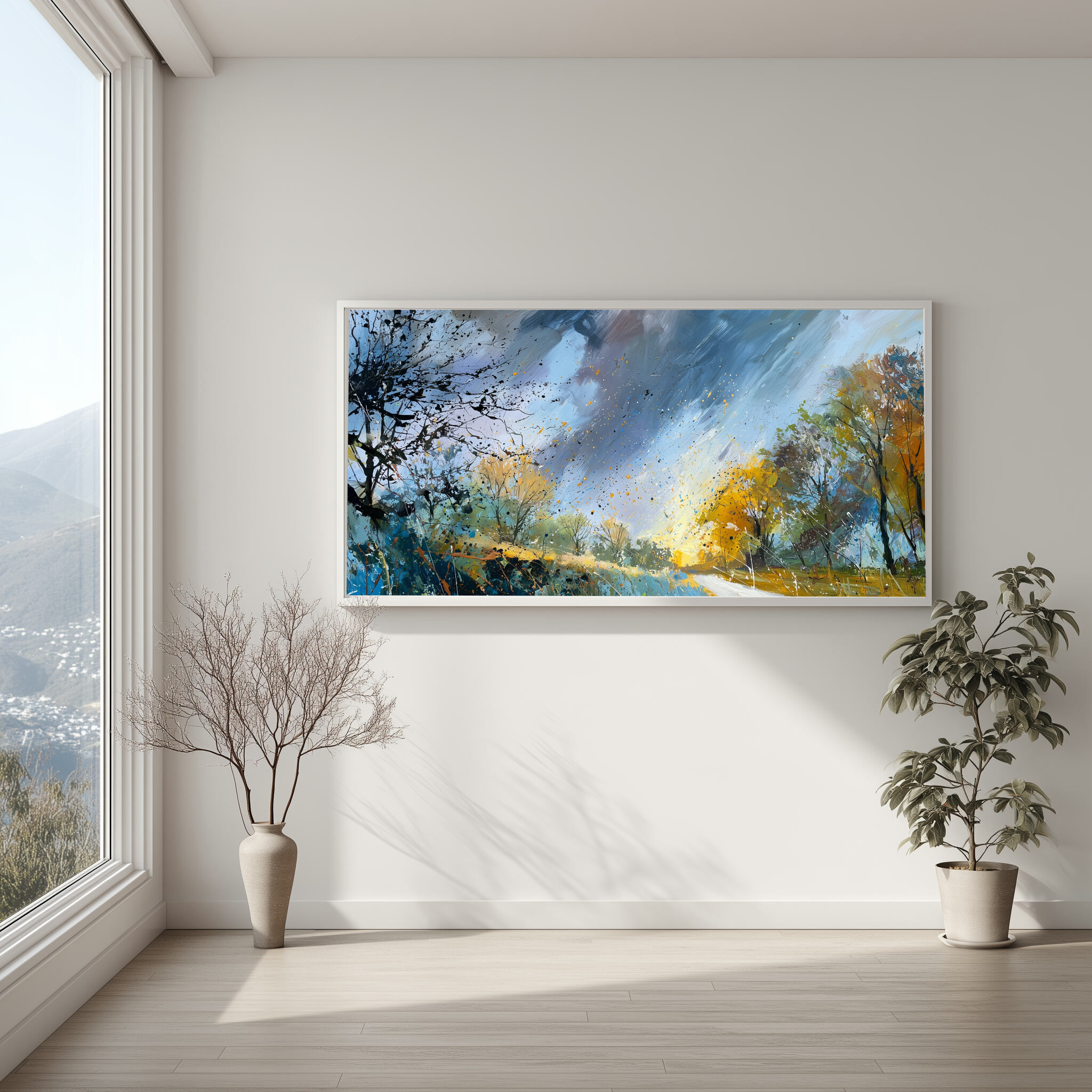 Sussex Wind and Rain Abstract Blue Living Room Wall Art | Sophisticated Home Decor -