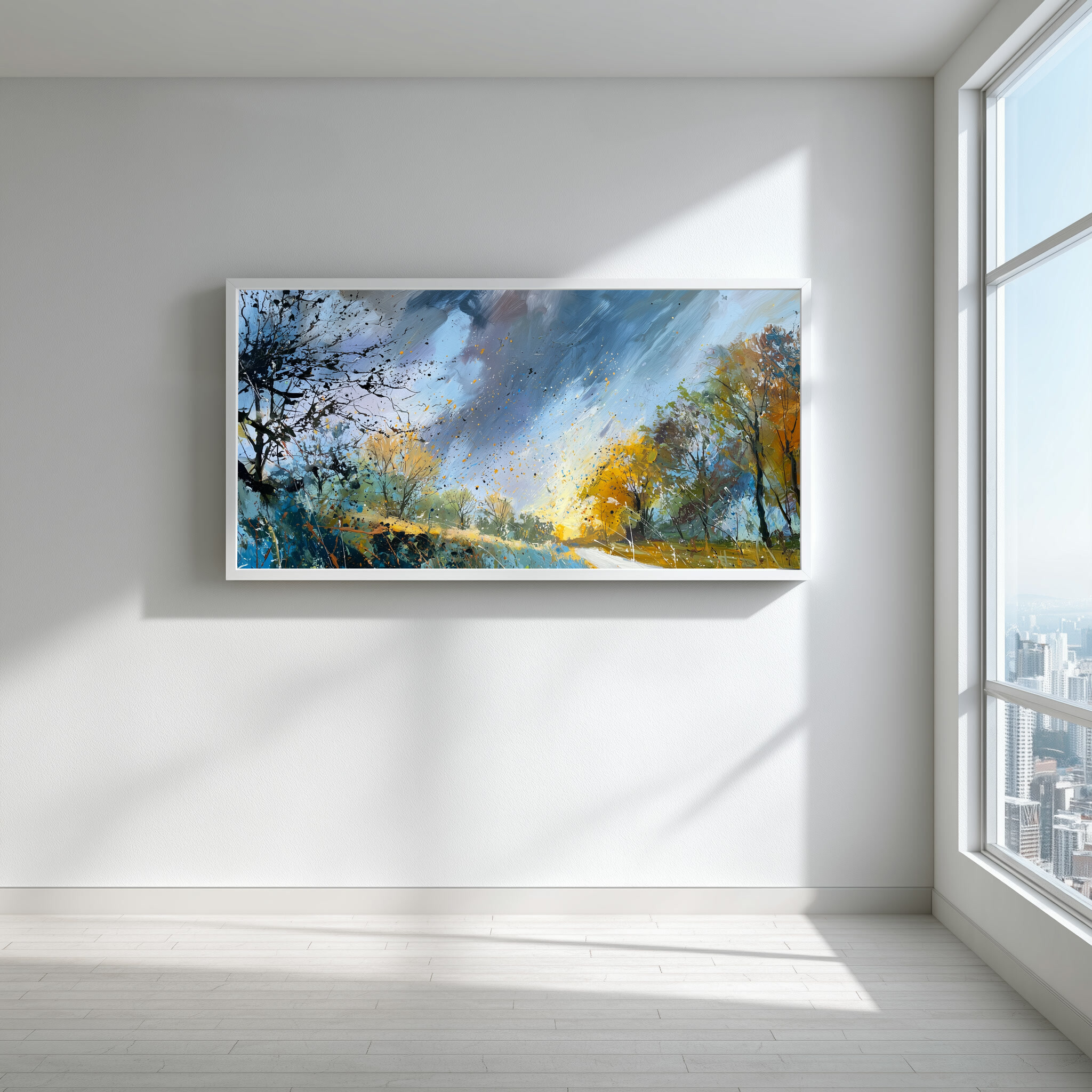 Sussex Wind and Rain Abstract Blue Living Room Wall Art | Sophisticated Home Decor -