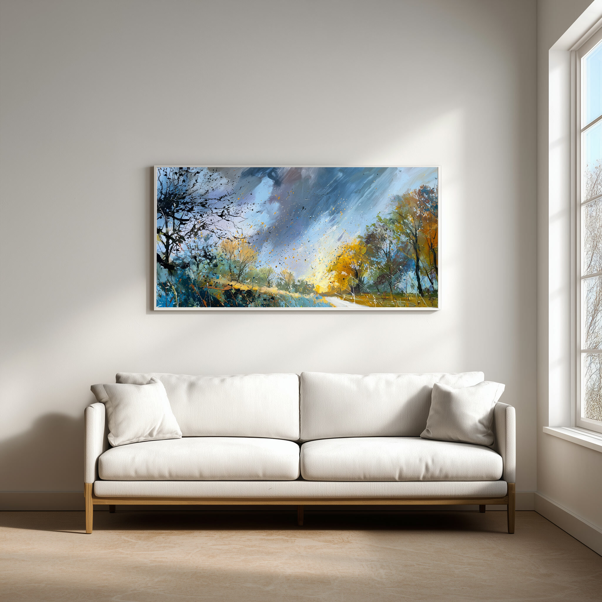Sussex Wind and Rain Abstract Blue Living Room Wall Art | Sophisticated Home Decor -