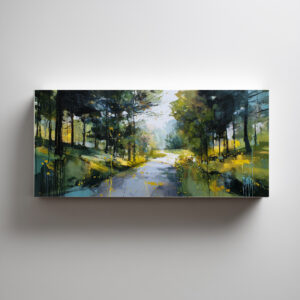 Woodland Walk Abstract Green Warm Tones Living Room Wall Art | Modern Canvas Print - C