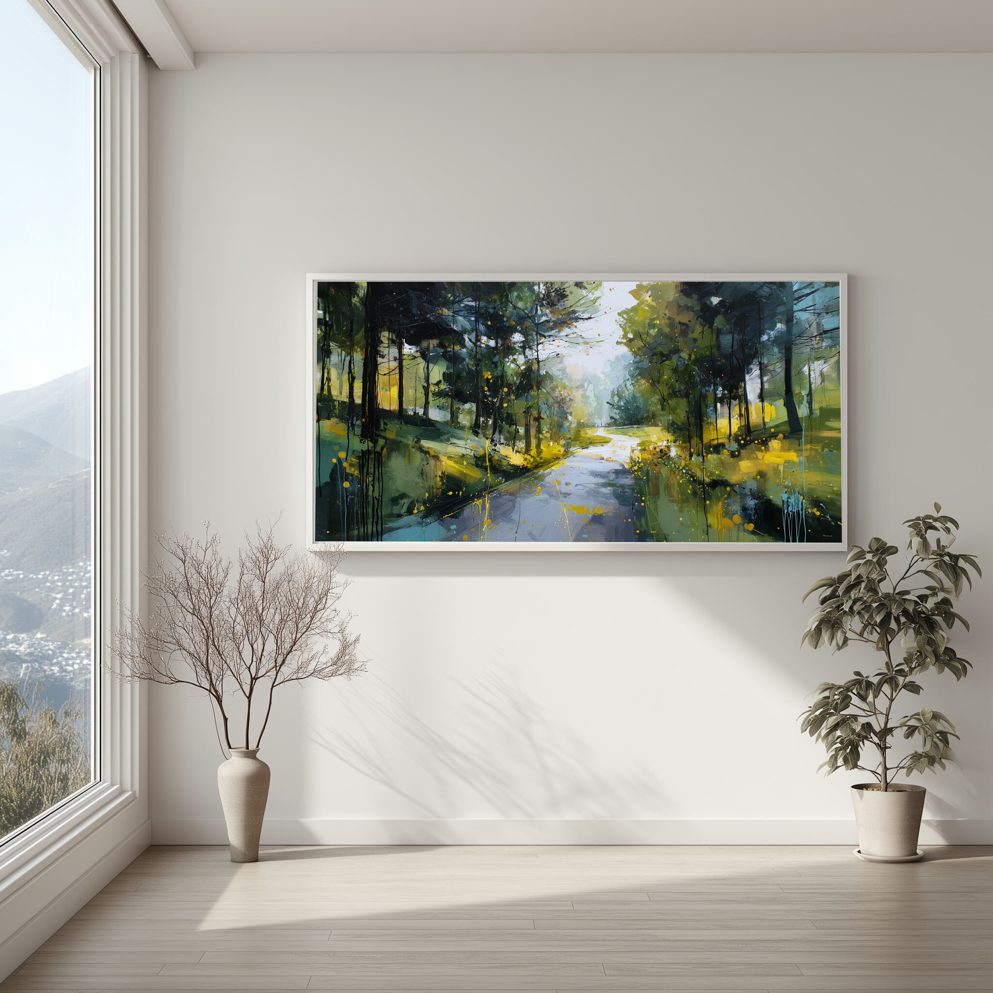 Woodland Walk Abstract Green Warm Tones Living Room Wall Art | Modern Canvas Print -