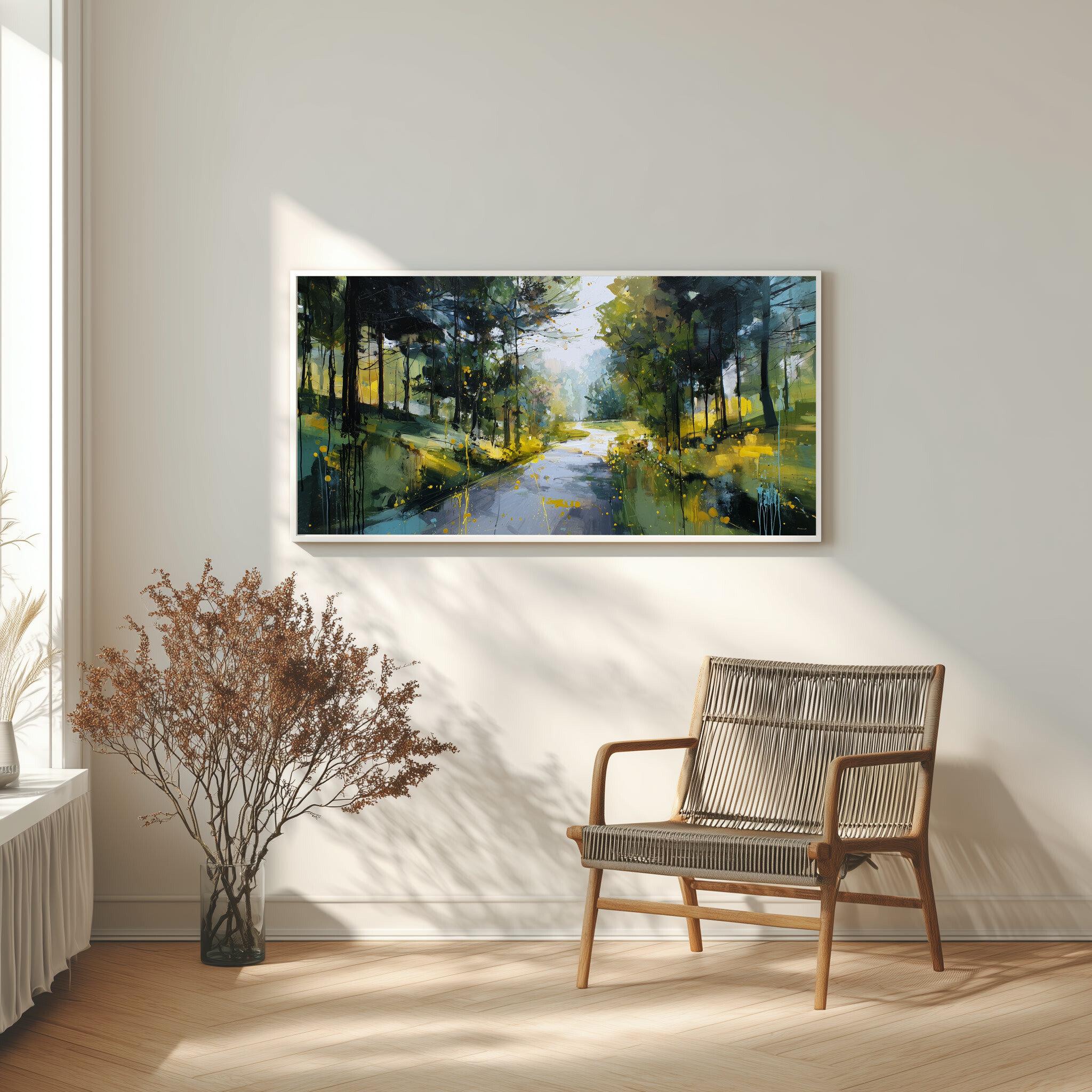 Woodland Walk Abstract Green Warm Tones Living Room Wall Art | Modern Canvas Print -
