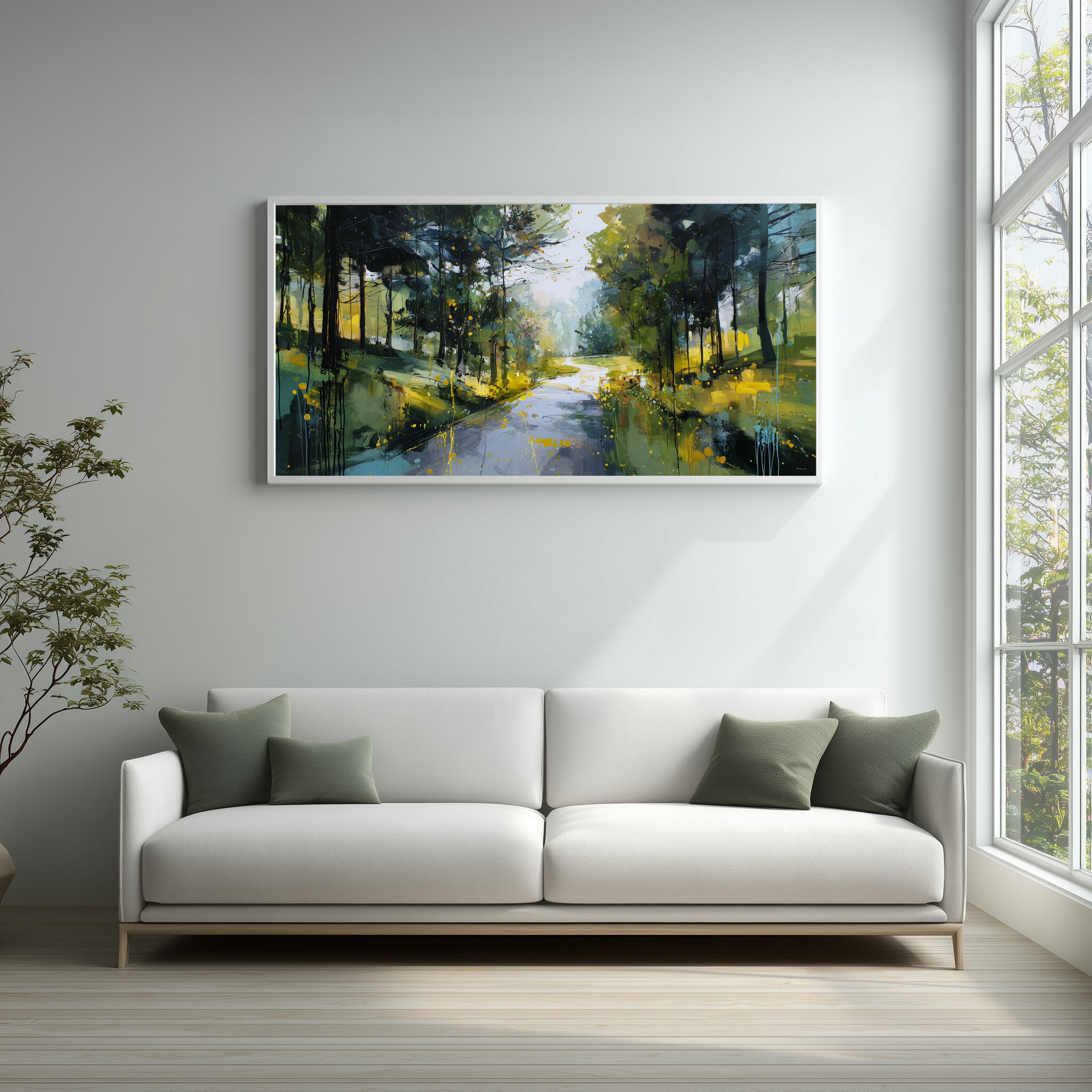 Woodland Walk Abstract Green Warm Tones Living Room Wall Art | Modern Canvas Print - WFP