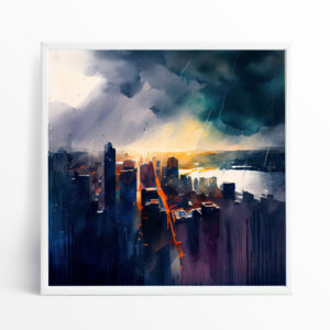 New York Abstract Cityscape Blue Warm Tones Living Room Wall Art | Modern Urban Decor