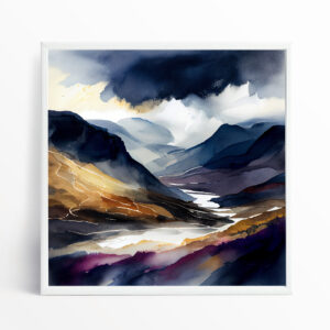 Lake District Watercolor Landscape Art | Blue Tones Living Room Wall Art