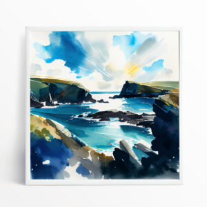 Pembrokeshire Coastal Watercolor Landscape Wall Art | Blue Living Room Decor