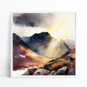 Scafell Pike Watercolor Mountains Living Room Art | Warm Tones Modern Wall Decor