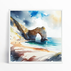 Durdle Door Coastal Watercolor Blue Art Living Room Wall Art | Beach Scene Decor