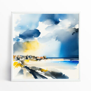 St Ives Impressionist Blue and Gold Coastal Living Room Wall Art | Modern Landscape Decor
