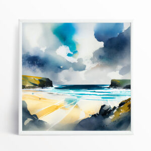 Watergate Bay Landscape Watercolor Ocean Scene | Blue Beach Living Room Art