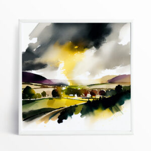 Ribble Valley Watercolor Landscape Earth Tones Living Room Wall Art | Abstract Home Decor