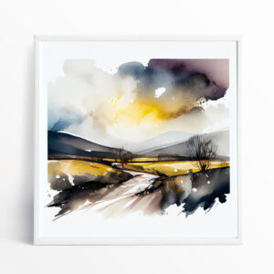 Ribble Valley Watercolor Landscape with Yellow Grey Tones | Living Room Wall Art