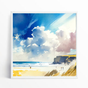 Watergate Beach Scene Watercolor Blue Sky Living Room Wall Art | Abstract Landscape Home Decor
