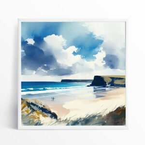 Watergate Bay Cornwall Watercolor Coastal Blue Art | Living Room Beach Decor