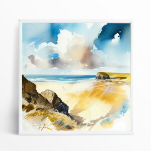 Cornwall Watergate Bay Watercolor Blue Landscape Wall Art | Coastal Home Decor