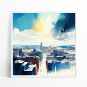 Manchester Skyline Abstract Blue Living Room Wall Art | Modern Cityscape Decor