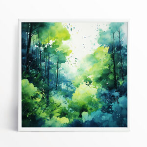 Woodland Abstract Watercolor Green Blue Forest Wall Art | Modern Home Decor