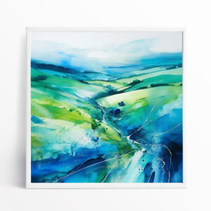 Southdowns Abstract Blue Green Landscape Wall Art | Living Room Decor