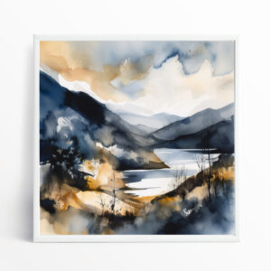Thirlmere Watercolor Landscape Blue Living Room Art | Impressionist Wall Decor