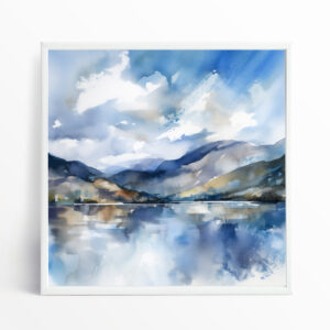 Lake District Impressionist Watercolor Blue Tones Wall Art | Serene Living Room Decor