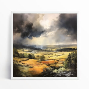 Southdowns Impressionist Landscape Yellow Bedroom Decor Wall Art | Stormy Sky Home Decor