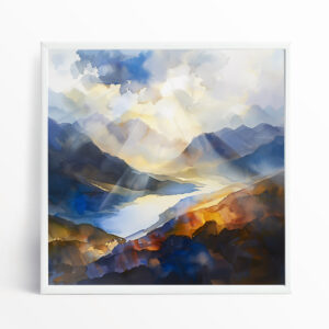 Lake District Watercolour Abstract Landscape Wall Art | Blue and Warm Tones for Living Room